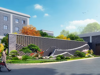 Modern Honeycomb Perforated Brick Scenic Wall With Green Plants And Building In Landscaped Area 3d model