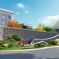 Modern Honeycomb Perforated Brick Scenic Wall With Green Plants And Building In Landscaped Area