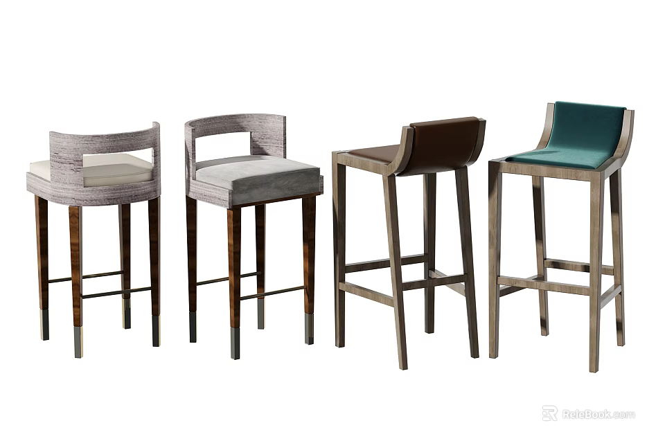 Modern Contemporary Bar Stools With Upholstered Seats And Wooden Legs In Assorted Colors 3d model 