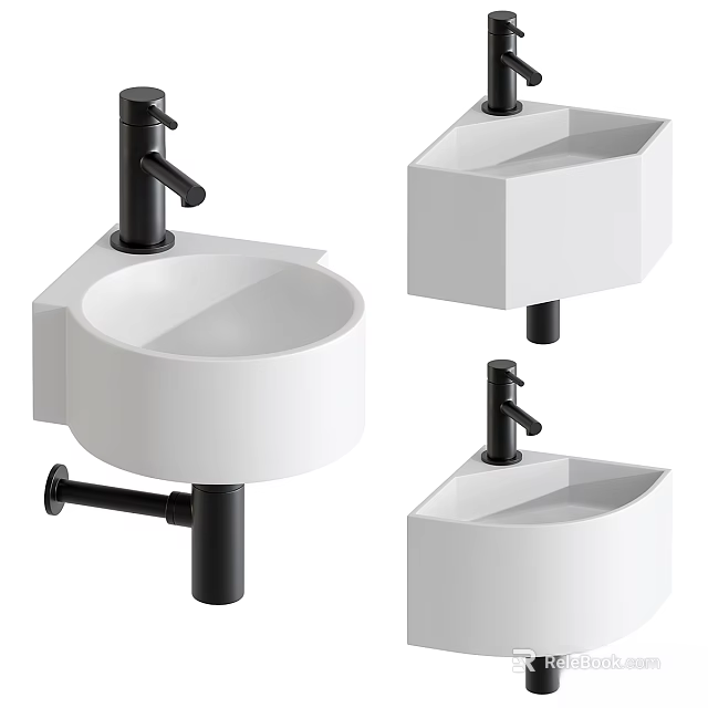 Sleek Modern White Ceramic Washbasin Designs With Black Faucets And Geometric Shapes For Bathroom 3d model 