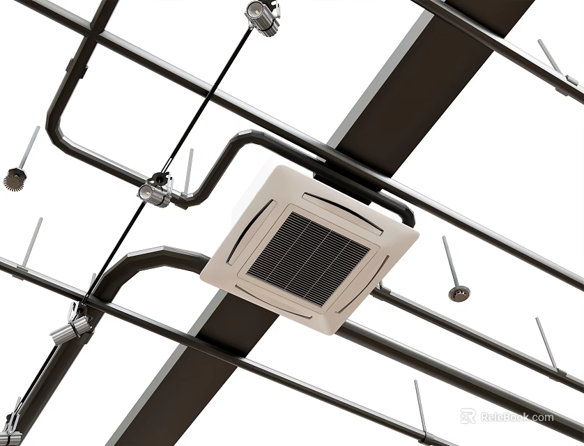 Ceiling Mounted Air Conditioner Fan With Industrial Metal Pipes And Overhead Structure 3d model 