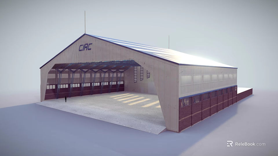 CRC Large Shed Structure with Sloped Roof Glass Windows Open Front Empty Ground Area 3d model 