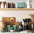 Stylish Kitchen Utensils Display On Wooden Shelf With Cutting Board Green Mugs Glassware And Jars