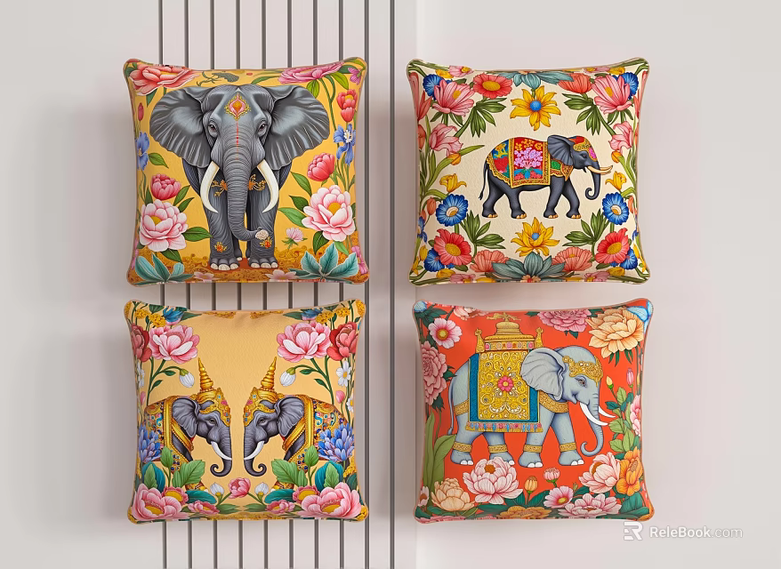 Decorative Pillows with Elephant and Floral Patterns in Various Vibrant Designs 3d model