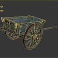 Old Vintage Blue Wooden Cart With Weathered Wood And Large Wheels