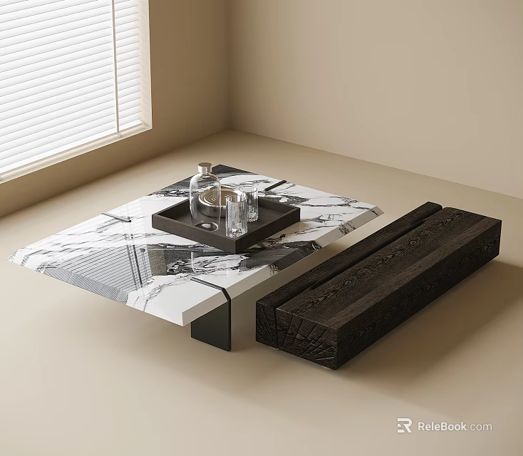 Modern Marble Coffee Table With Decorative Tray Glasses And Black Wooden Piece 3d model 