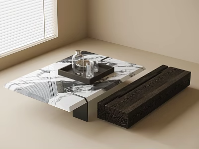 Modern Marble Coffee Table With Decorative Tray Glasses And Black Wooden Piece 3d model