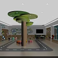 Kindergarten Interior With Green Circular Ceiling Decor Colorful Stools And Educational Murals 3d model