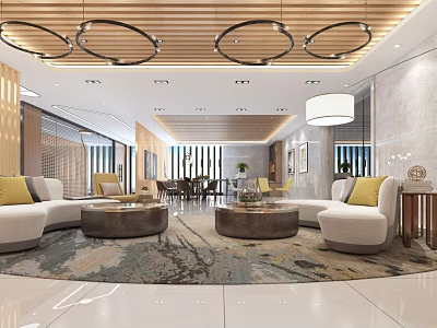 Modern Leisure Area Interior With Sofas Round Coffee Tables Wooden Circular Lamps And Patterned Rug 3d model
