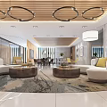 Modern Leisure Area Interior With Sofas Round Coffee Tables Wooden Circular Lamps And Patterned Rug