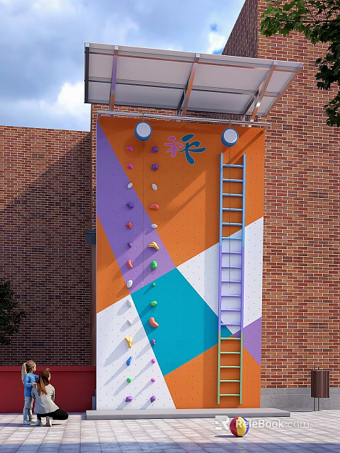 Outdoor Climbing Wall With Colorful Holds Ladder And Geometric Patterns On Brick Building 3d model 