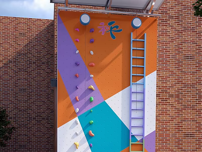 Outdoor Climbing Wall With Colorful Holds Ladder And Geometric Patterns On Brick Building 3d model