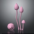 Pink Mushroom Like Plants Of Various Sizes On Dark Background With Reflection