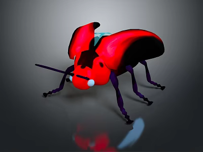 Red and Black Flying Beetle With Shiny Wings Long Antennae on Gray Background with Reflection 3d model