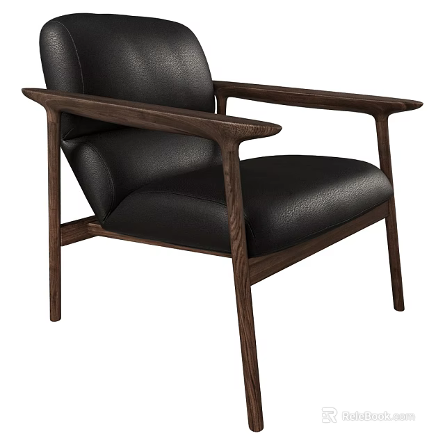 Modern Minimalist Single Chair With Black Leather Seat And Wooden Armrests Frame 3d model 