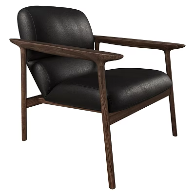 Modern Minimalist Single Chair With Black Leather Seat And Wooden Armrests Frame 3d model