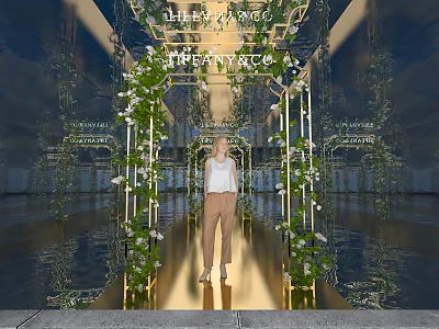 Elegant Event Passage With Green Vines White Flowers And Golden Floor 3d model