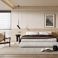Modern Minimalist Bedroom Interior With Comfortable Bed Artwork Wooden Cabinets And Window Blinds