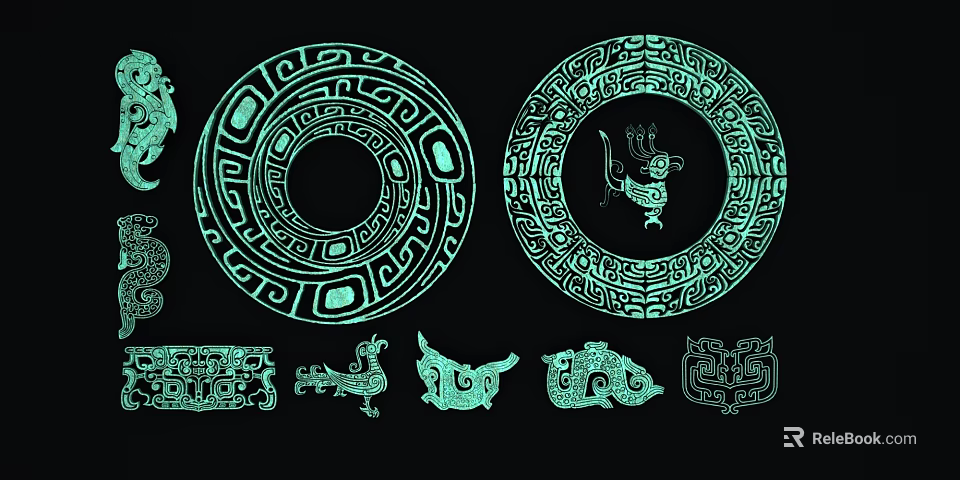 Intricate Traditional Carvings Featuring Circular Patterns And Animal Motifs Art Design 3d model 