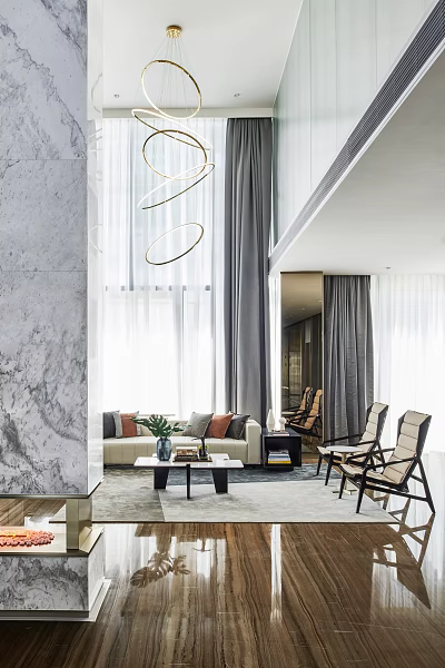 Duplex Living Room Interior With Marble Wall Circular Pendant Lights Gray Curtains And Beige Sofa 3d model