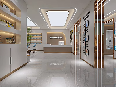 Modern Brand Reception Area With Display Shelves Lighting And Green Plants 3d model