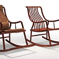 Brown Wooden Rocking Leisure Chair with Leather Seat and Checkered Carpet in Cozy Indoor Setting