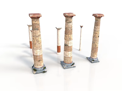Classical Architectural Columns Featuring Main And Smaller Carved Patterned With Red Tops And Stone Bases 3d model