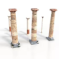 Classical Architectural Columns Featuring Main And Smaller Carved Patterned With Red Tops And Stone Bases