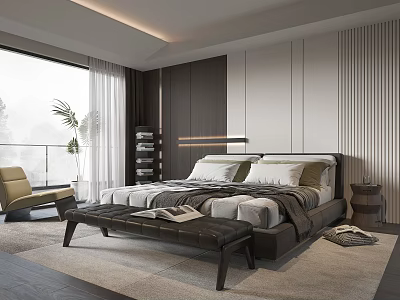 Modern Bedroom Interior Design With Leather Bench Large Window Area Rug And Accent Chair 3d model