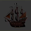 Detailed Wooden Ship Model With Brown Hull And Sails Black Flags And Wooden Stand