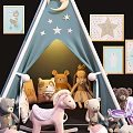 Stuffed Animals Around Blue Teepee Tent With Star Moon Patterns Alphabet Mat And Decorative
