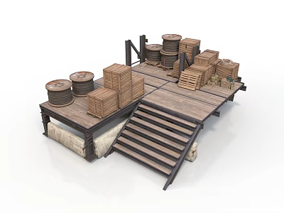 Wooden Cargo Platform With Wooden Crates Coiled Ropes Staircase and Sacks 3d model