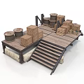 Wooden Cargo Platform With Wooden Crates Coiled Ropes Staircase and Sacks