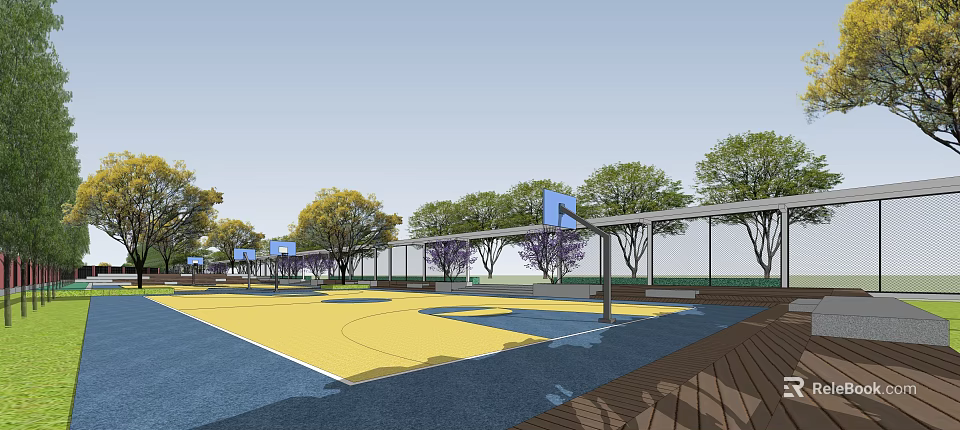 Outdoor Basketball Court with Multiple Hoops Colorful Yellow Blue Surface Surrounded by Trees Fenced Area 3d model 