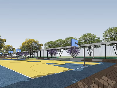 Outdoor Basketball Court with Multiple Hoops Colorful Yellow Blue Surface Surrounded by Trees Fenced Area 3d model