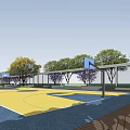 Outdoor Basketball Court with Multiple Hoops Colorful Yellow Blue Surface Surrounded by Trees Fenced Area