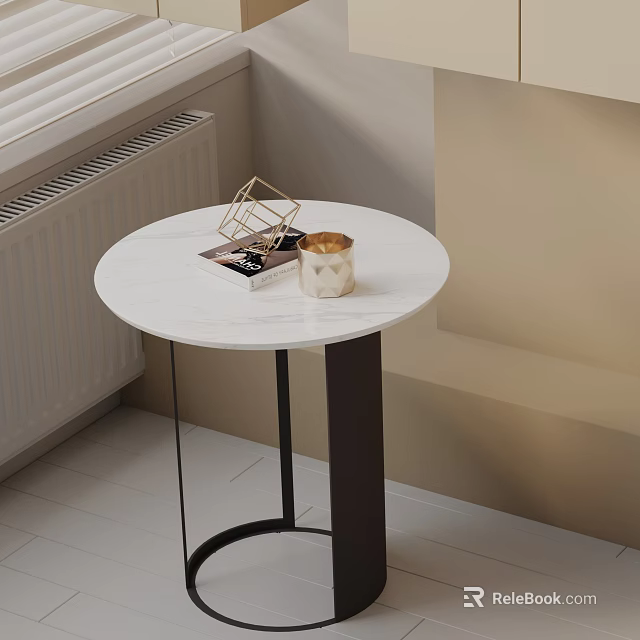 Round White Marble Side Table With Black Metal Stand Geometric Decor Magazine And Gold Cup 3d model 
