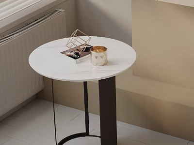 Round White Marble Side Table With Black Metal Stand Geometric Decor Magazine And Gold Cup 3d model