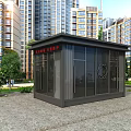 Modern Security Booth With Glass Doors And High Rise Building Background