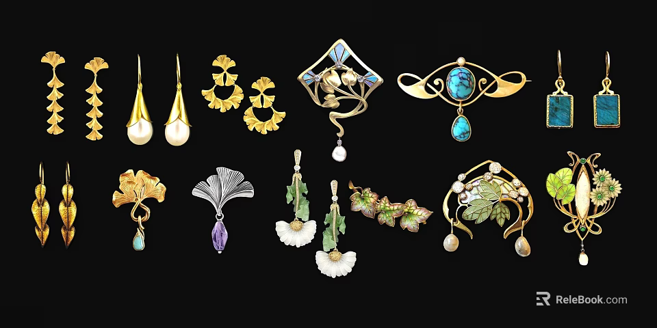 Elegant Jewelry Decorative Set With Pearl Gemstone Gold Floral Design Fan Shaped Earrings Brooches 3d model 