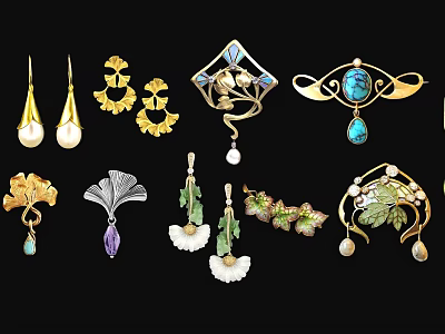 Elegant Jewelry Decorative Set With Pearl Gemstone Gold Floral Design Fan Shaped Earrings Brooches 3d model