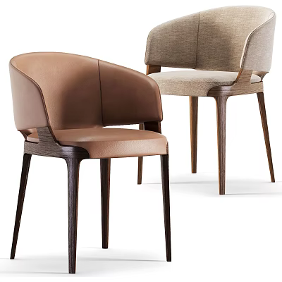 Modern Dining Chairs With Leather And Fabric Upholstery Brown And Light Gray Dark Wooden Legs 3d model