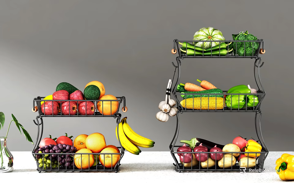 Fresh Assorted Fruits in Two Tiered Fruit Basket with Bananas Apples Grapes and Oranges 3d model 