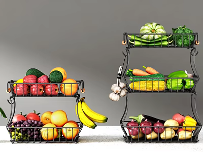 Fresh Assorted Fruits in Two Tiered Fruit Basket with Bananas Apples Grapes and Oranges 3d model