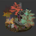 Cartoon Scene With Red House Colorful Autumn Trees Small Building And Circular Base