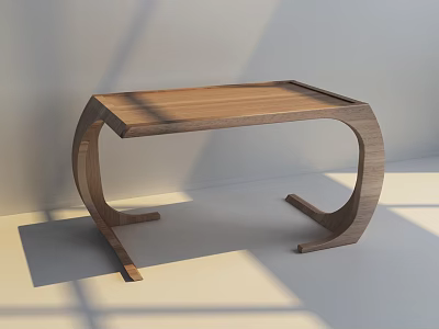 Wooden Dining Table With Curved Frame And Sunlight Shadows In Minimalist Room 3d model