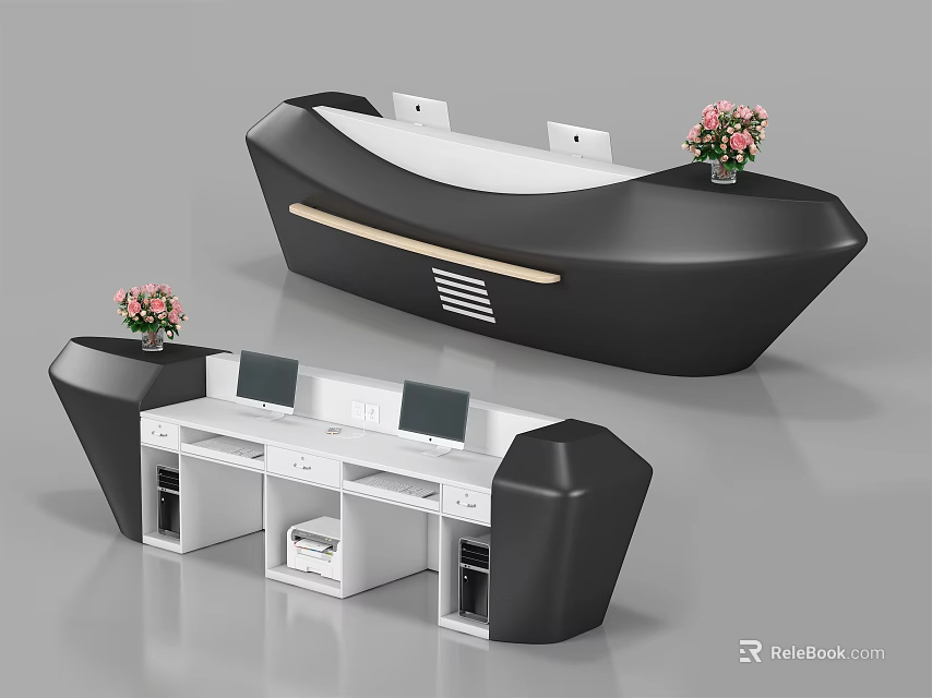 Modern Reception Desk Design With Black White Sleek Curved Shape And Pink Flower Decorations 3d model 