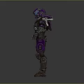 Full Body Armored Character In Mechanical Armor With Purple And Gray Details