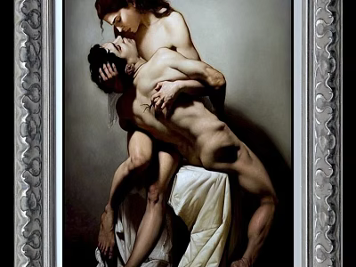 Silver Border Classic Frame With Embracing Figures Oil Painting For Artistic Decoration 3d model