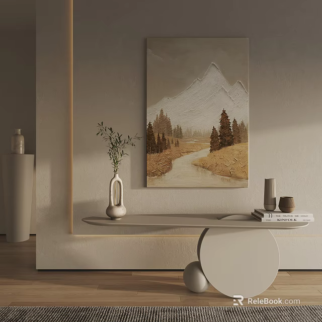 Modern Minimalist Interior Decor Featuring Mountain Painting Vase Greenery And Books 3d model 